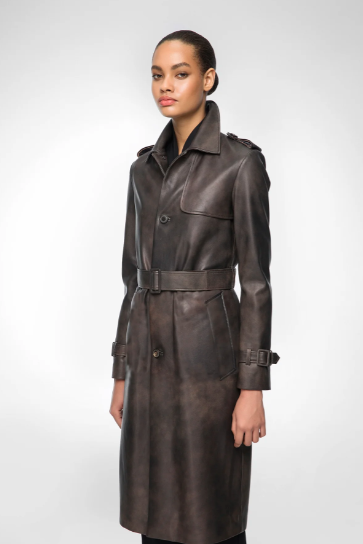 Women's Coffee Brown Belted Leather Coat