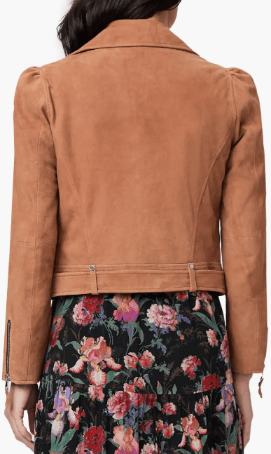 Women's Belted Suede Leather Biker Jacket In Tan Brown