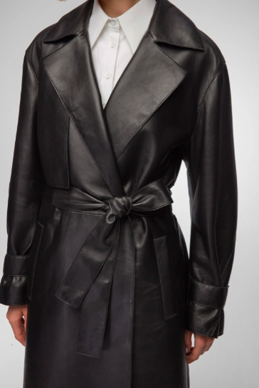 Women's Black Belted Trench Leather Coat