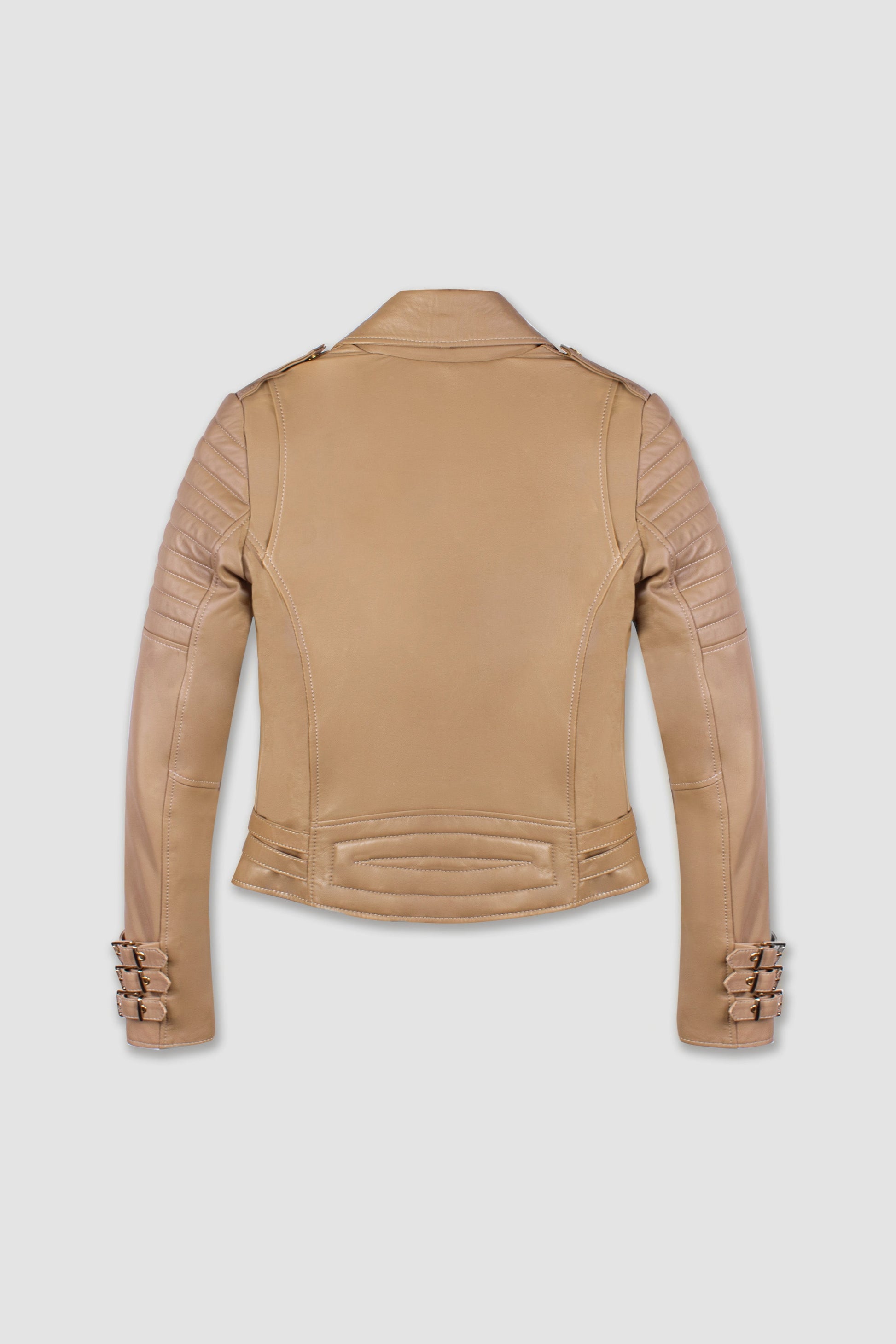 Women's Biker Cafe Racer Leather Jacket with Beige.