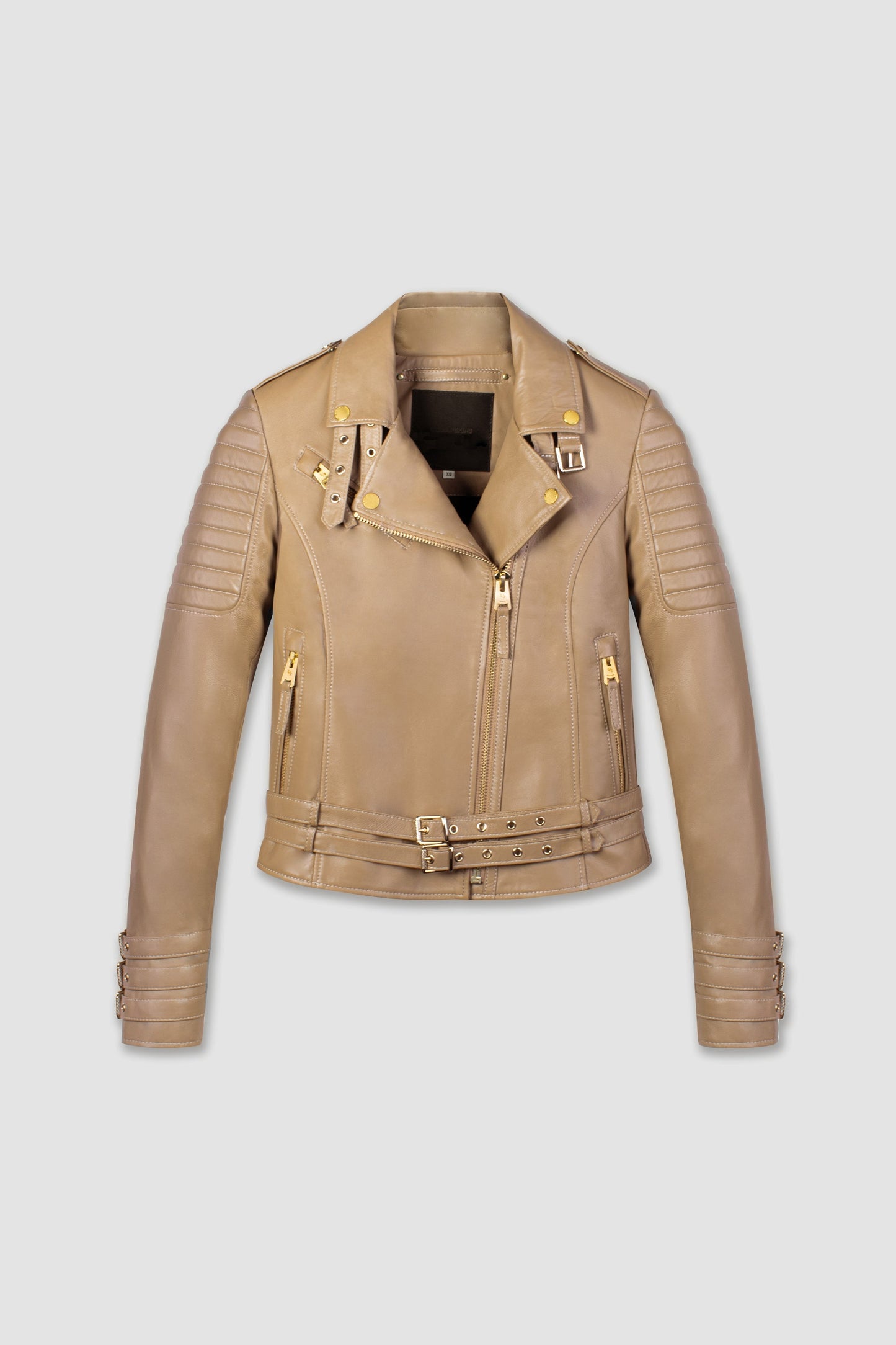 Women's Biker Cafe Racer Leather Jacket with Beige.