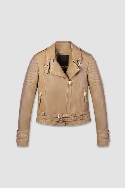 Women's Biker Cafe Racer Leather Jacket with Beige.