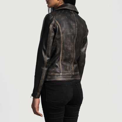 Stylish Women's Biker Distressed Leather Jacket - Classic Black Outerwear