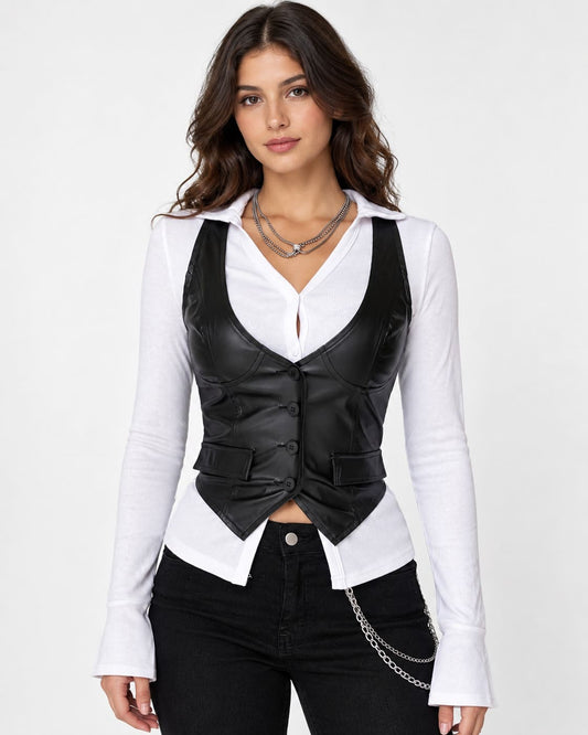 Women's black faux leather vest with button front and scoop neckline