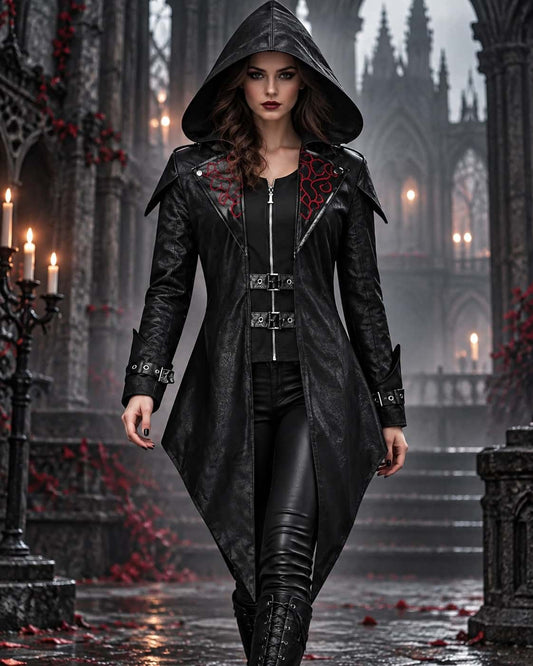 Women’s black gothic hooded leather coat front view with red lapel detailing