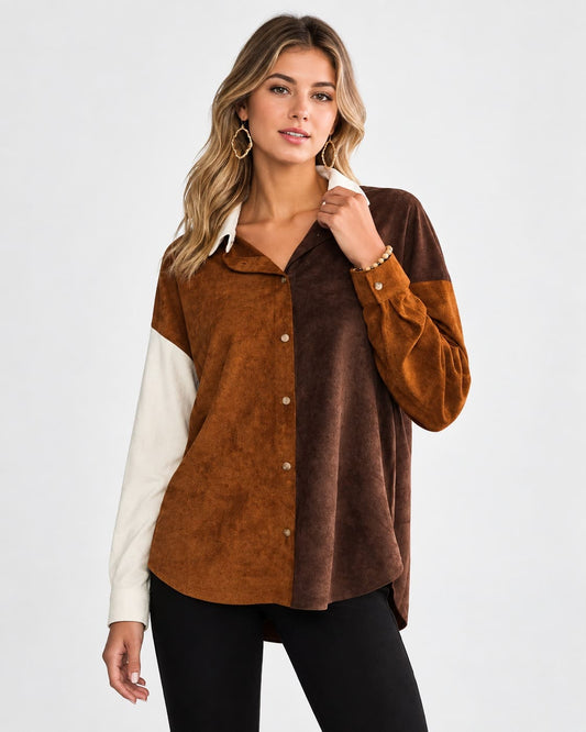 Front view of women's brown color block suede leather shirt with brown dark brown and cream panels