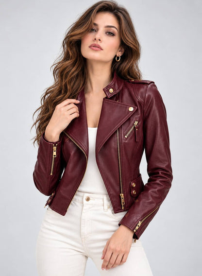 Women's burgundy asymmetric-zip biker jacket with gold-tone hardware styled with a white top and light jeans