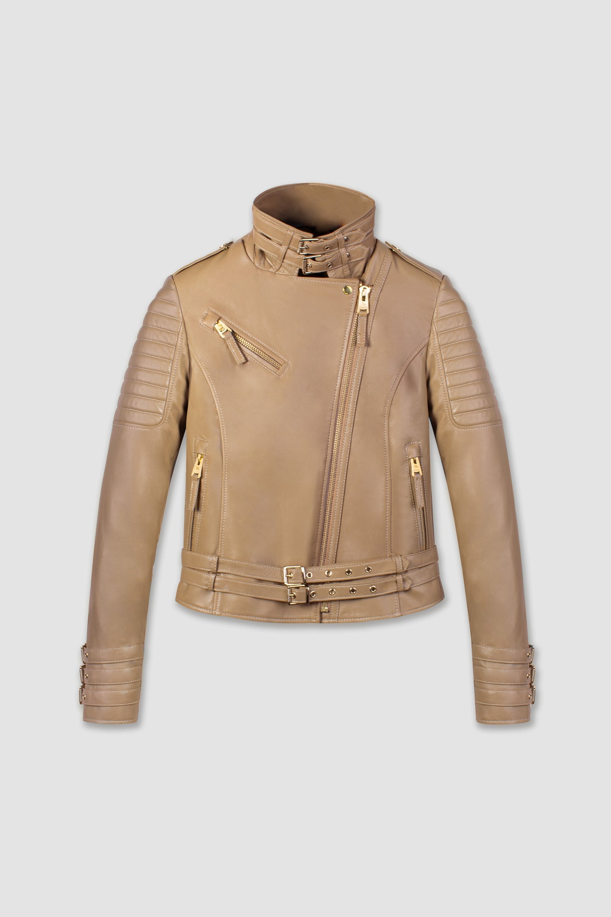 Women's Biker Cafe Racer Leather Jacket with Beige.