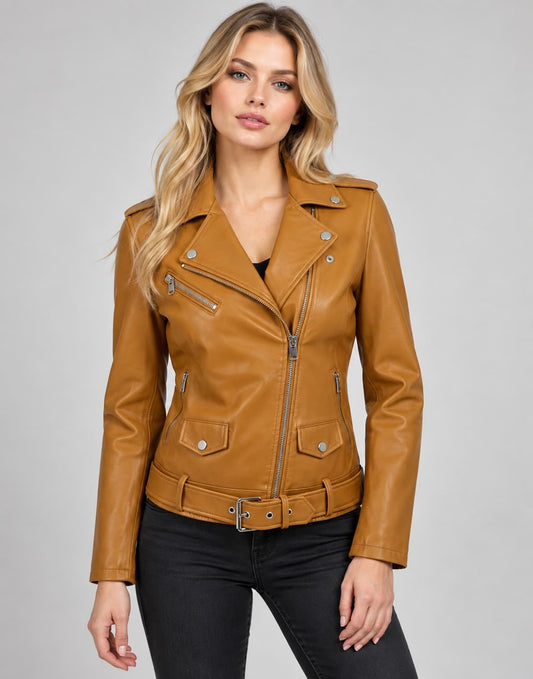 Women's camel genuine leather biker jacket front view with belted waist and zip pockets