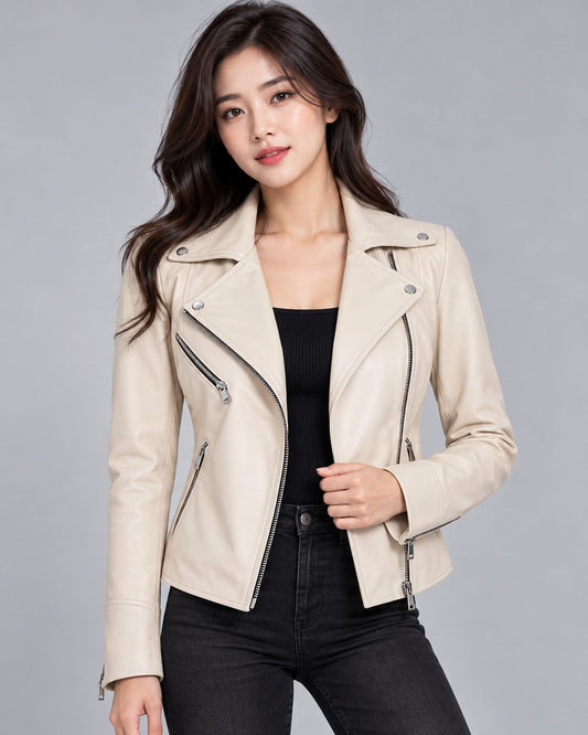 Women's cream genuine leather biker jacket front view with wide lapels and multiple zippers