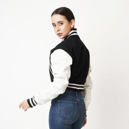 Women's Black & White Sleeves Cropped Varsity Leather Jacket