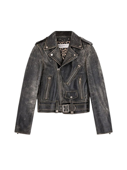 Stylish Women's Distressed Biker Leather Jacket - Classic Black Outerwear