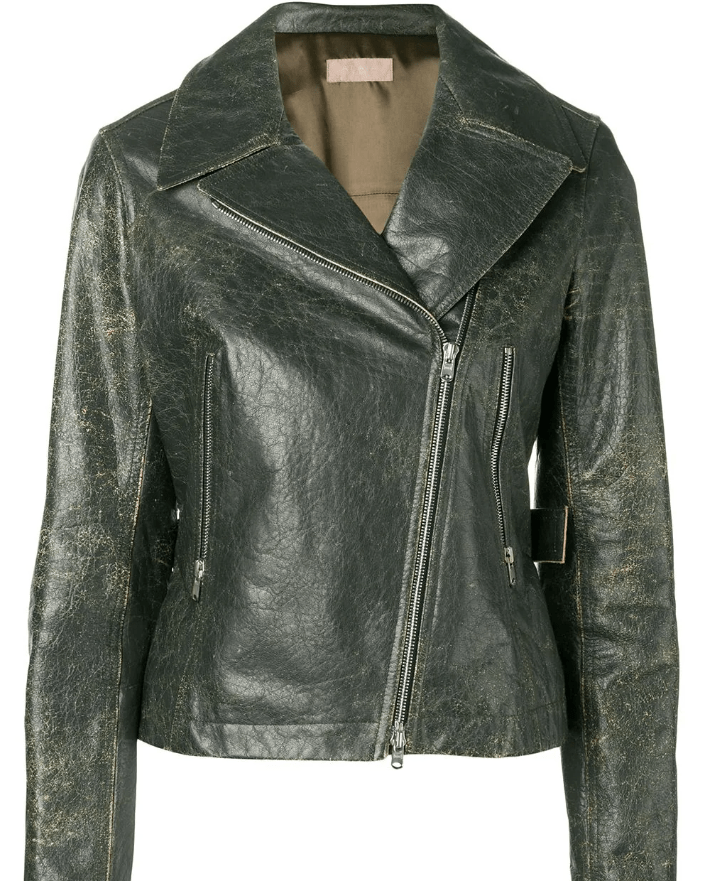 Stylish Women's Distressed Vintage Leather Jacket - Khaki Outerwear