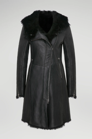 Women's Fur Shearling Parka Leather Coat In Black