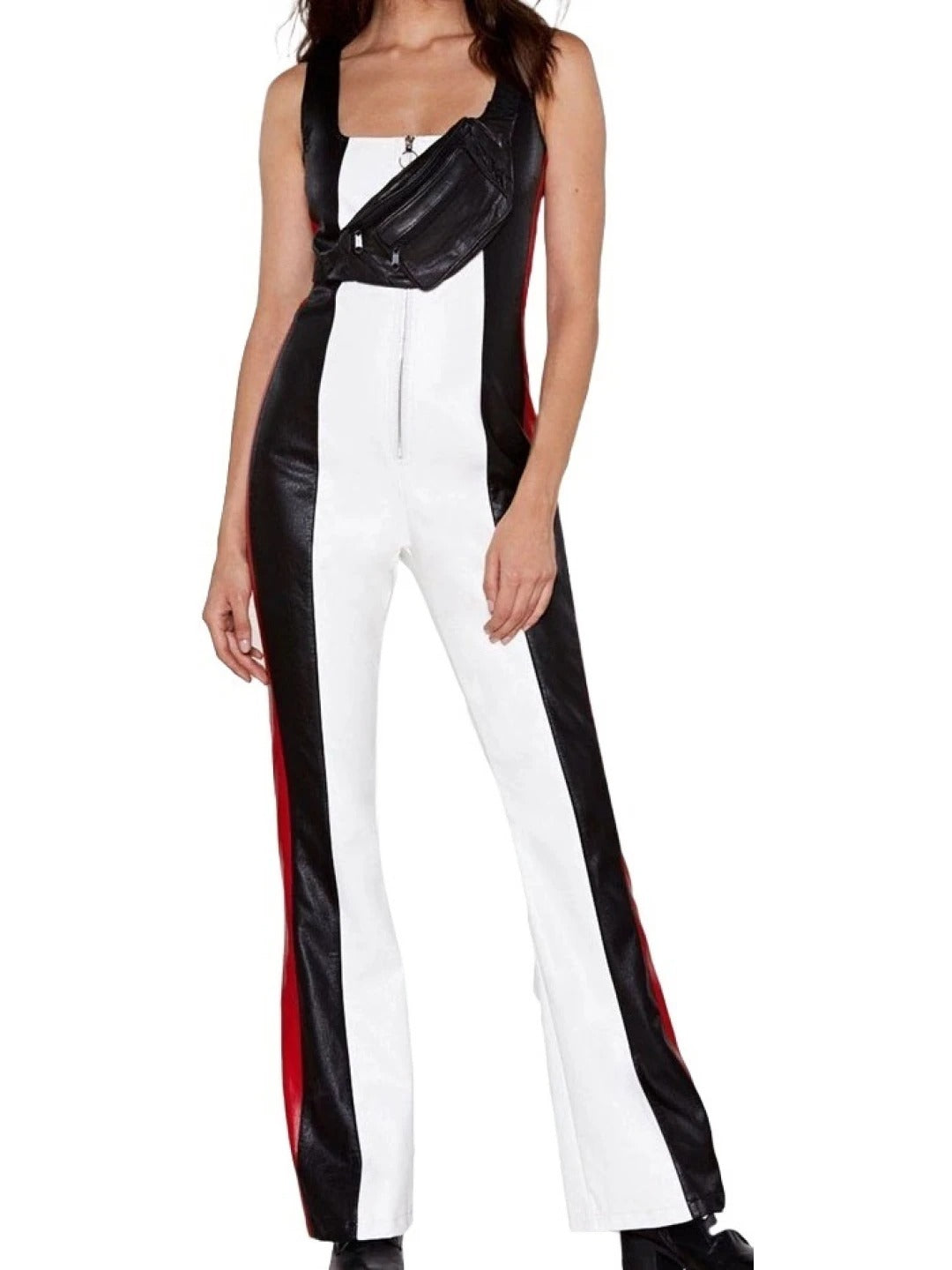 Women's Sheepskin White, Red, and Black Leather Jumpsuit