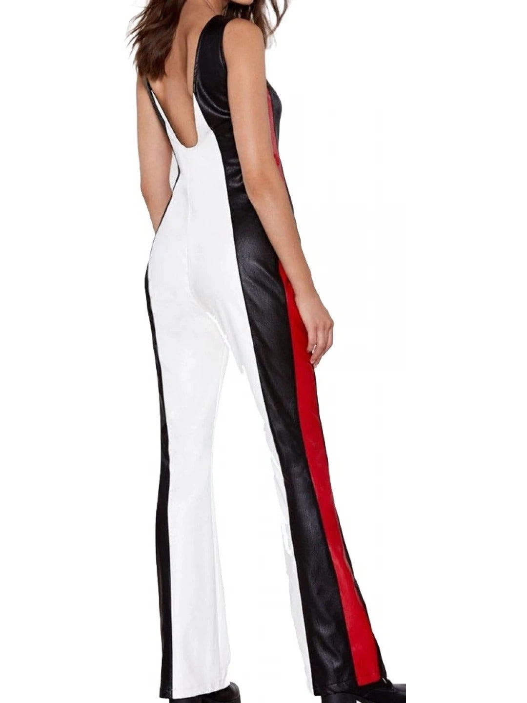 Women's Sheepskin White, Red, and Black Leather Jumpsuit