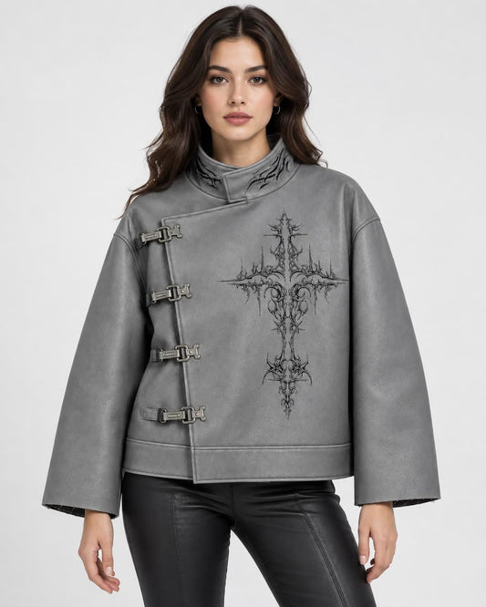 Front view of women's gray genuine leather gothic jacket with ornamental cross design