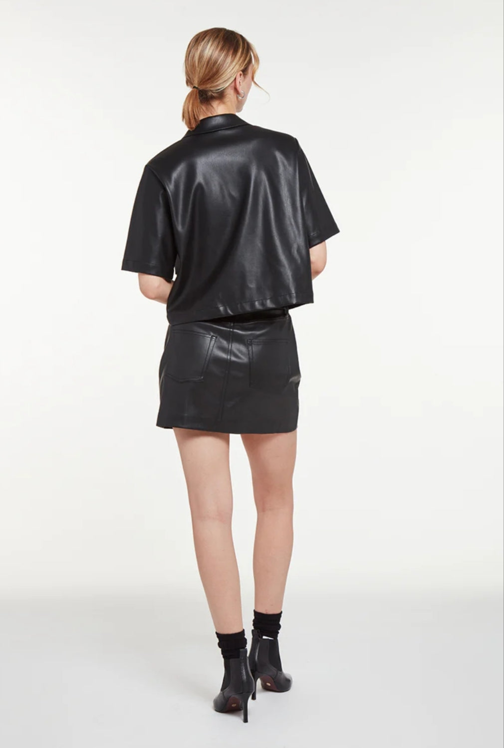 Women's Half Sleeve Short Leather Shirt In Black