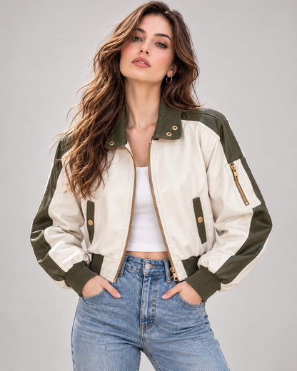 Front view of women's ivory white and olive green genuine leather bomber jacket with gold-tone zipper.
