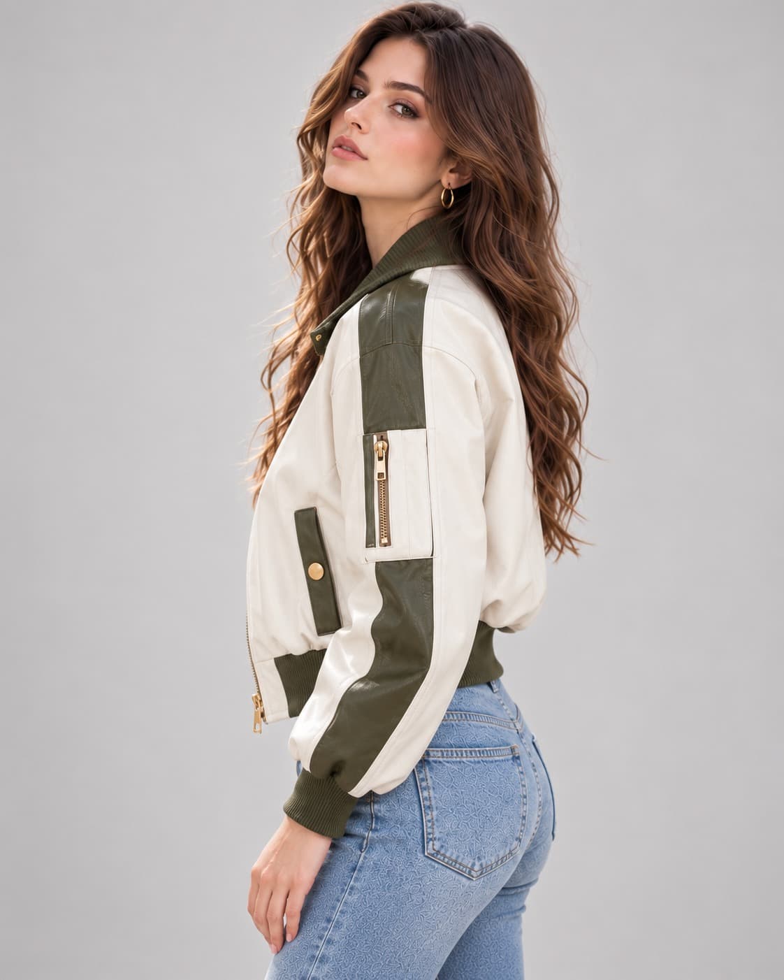 Side view of women's color-blocked leather bomber jacket showing olive green sleeve panels and zippered sleeve pocket.