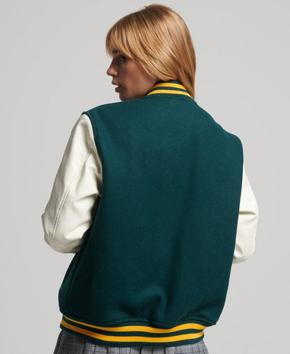 Women's Sea Green & White Sleeves Letterman Bomber Leather Jacket