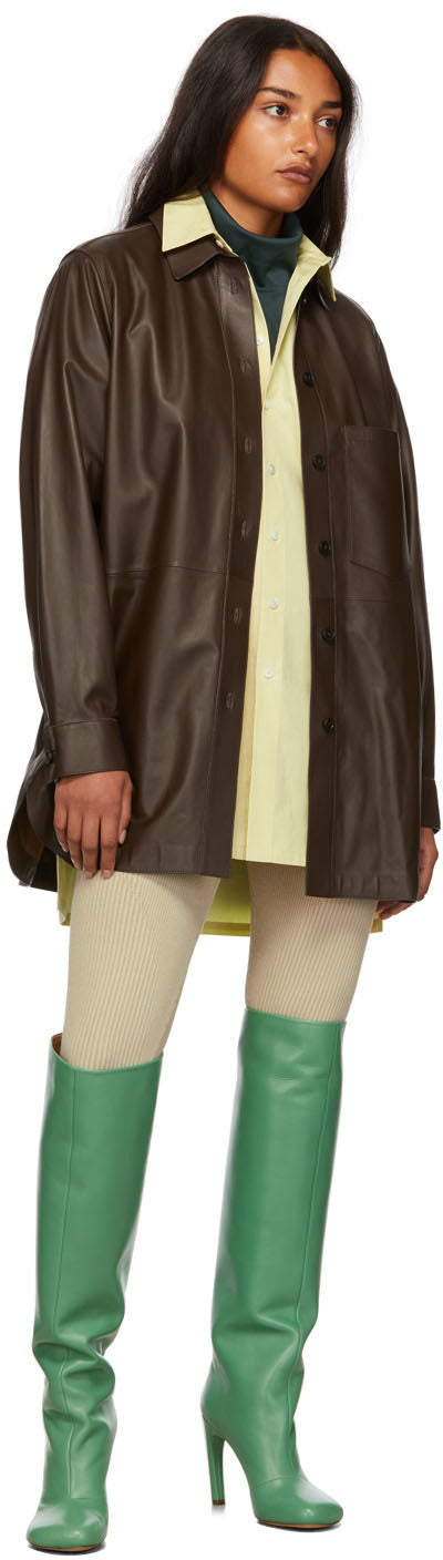 Women's Long Sheepskin Leather Shirt In Dark Brown