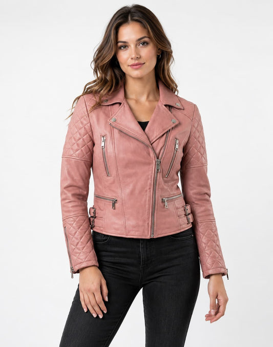 Women's pink genuine leather biker jacket front view with quilted shoulders and asymmetrical zipper