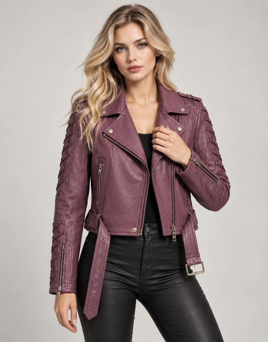 Women's purple genuine leather lace-up biker jacket front view with asymmetrical zipper and lapel collar