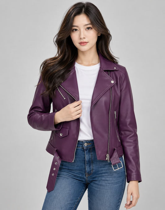 Women's purple genuine leather biker jacket front view with asymmetrical zipper and lapel collar