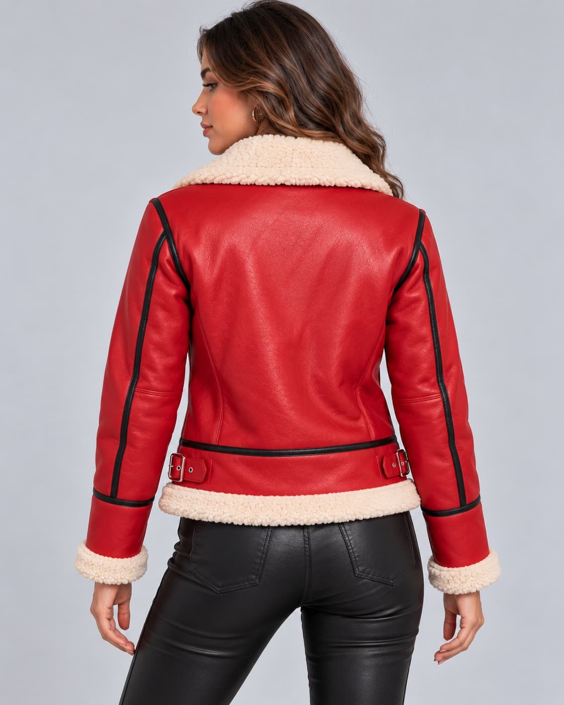 Back view of women’s red Christmas genuine leather jacket with cream hem trim