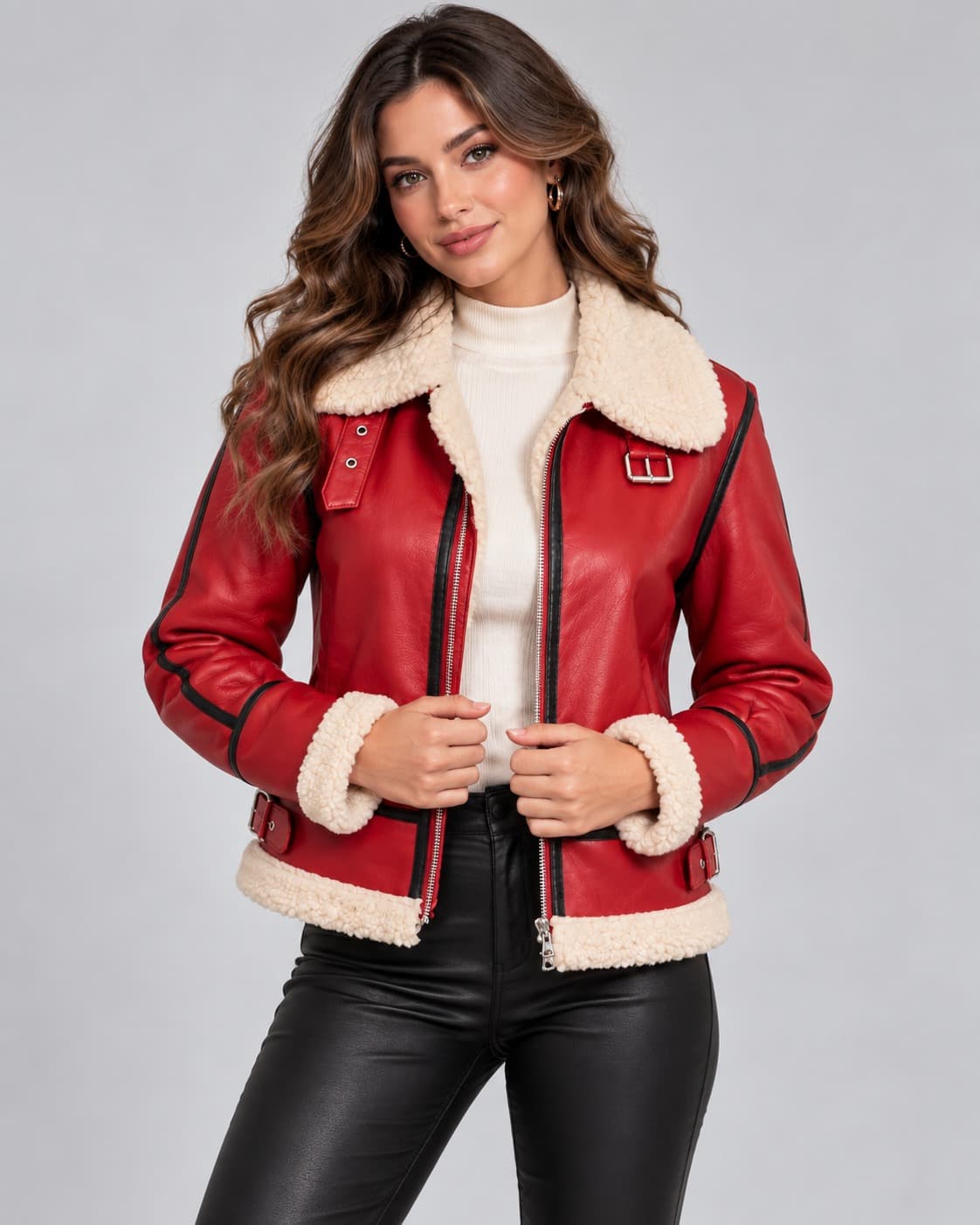 Women’s red Christmas genuine leather jacket front view with cream trim
