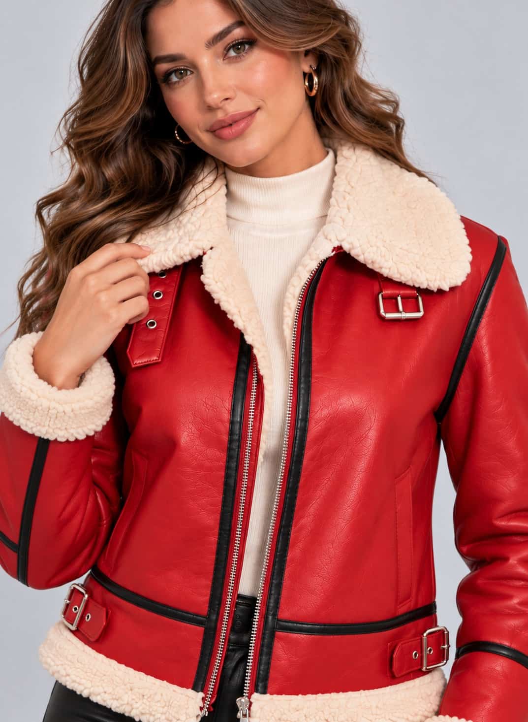 Close-up of women’s red leather Christmas jacket showing cream collar, zipper and buckle details