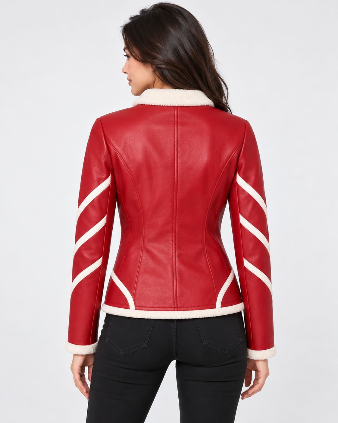 Back view of a women's red genuine leather jacket with white sleeve accents and ivory collar and hem trim.