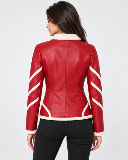 Back view of a women's red genuine leather jacket with white sleeve accents and ivory collar and hem trim.