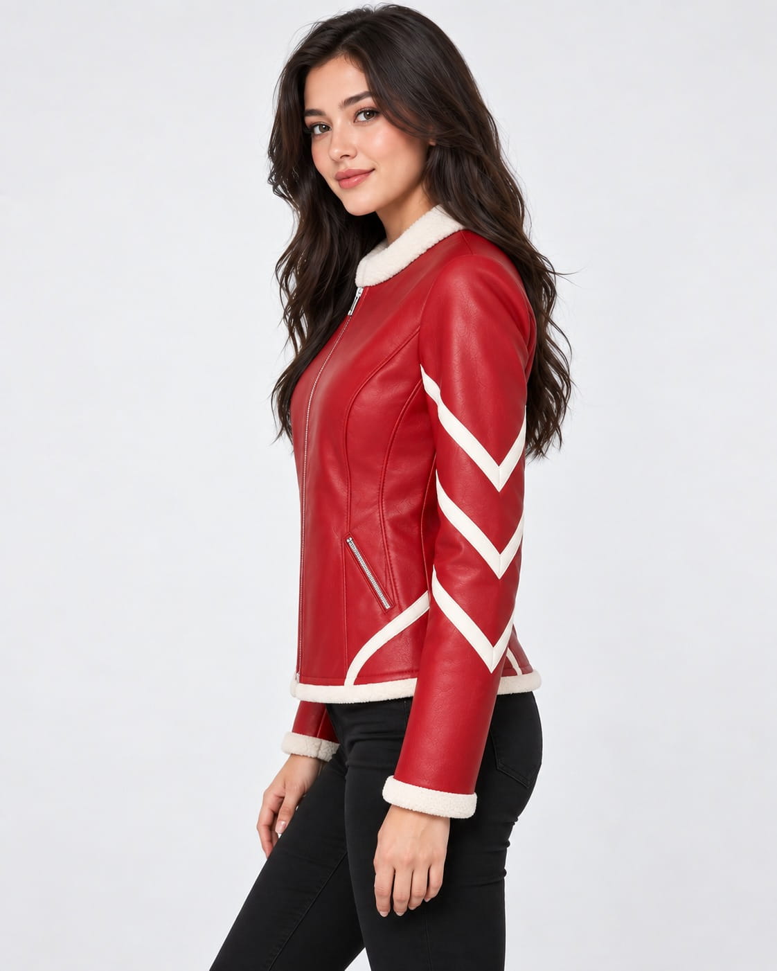 Side view of a women's red leather jacket featuring diagonal white sleeve stripes and ivory trim.