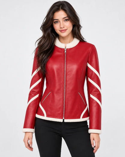 Full front view of a women's red leather jacket with white racing stripes and angled zip pockets.