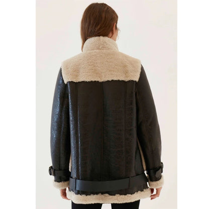 Women's Sheepskin Fur Leather Coat In Dark Brown