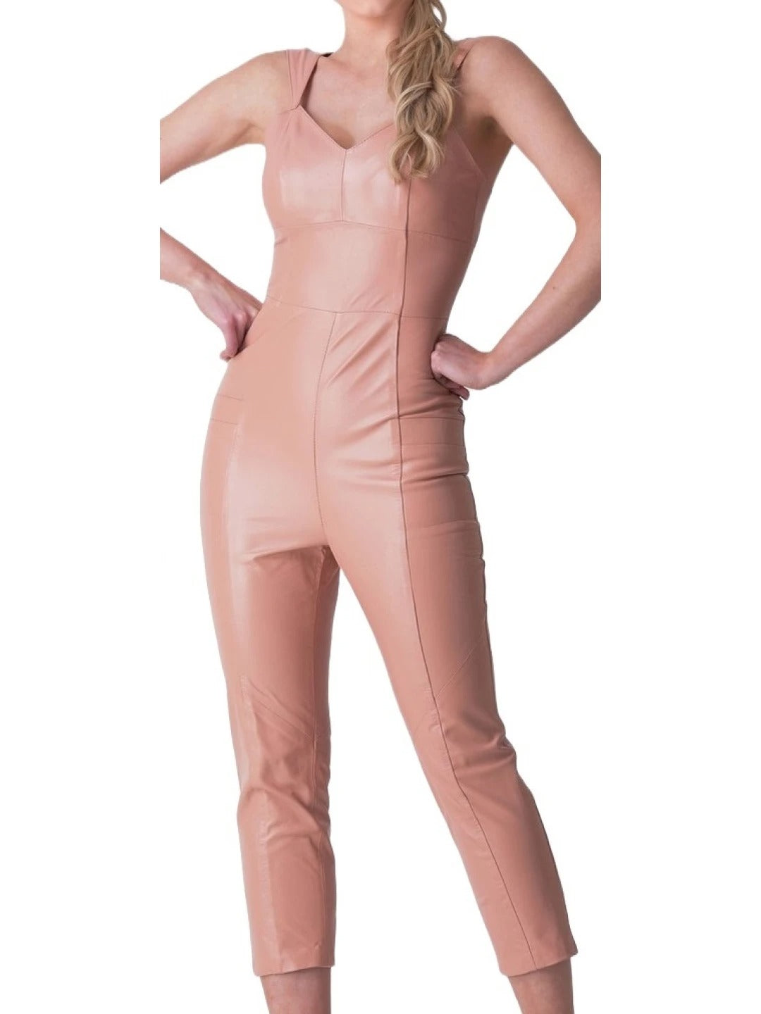 Women's Sleeveless Lambskin Peach Leather Jumpsuit