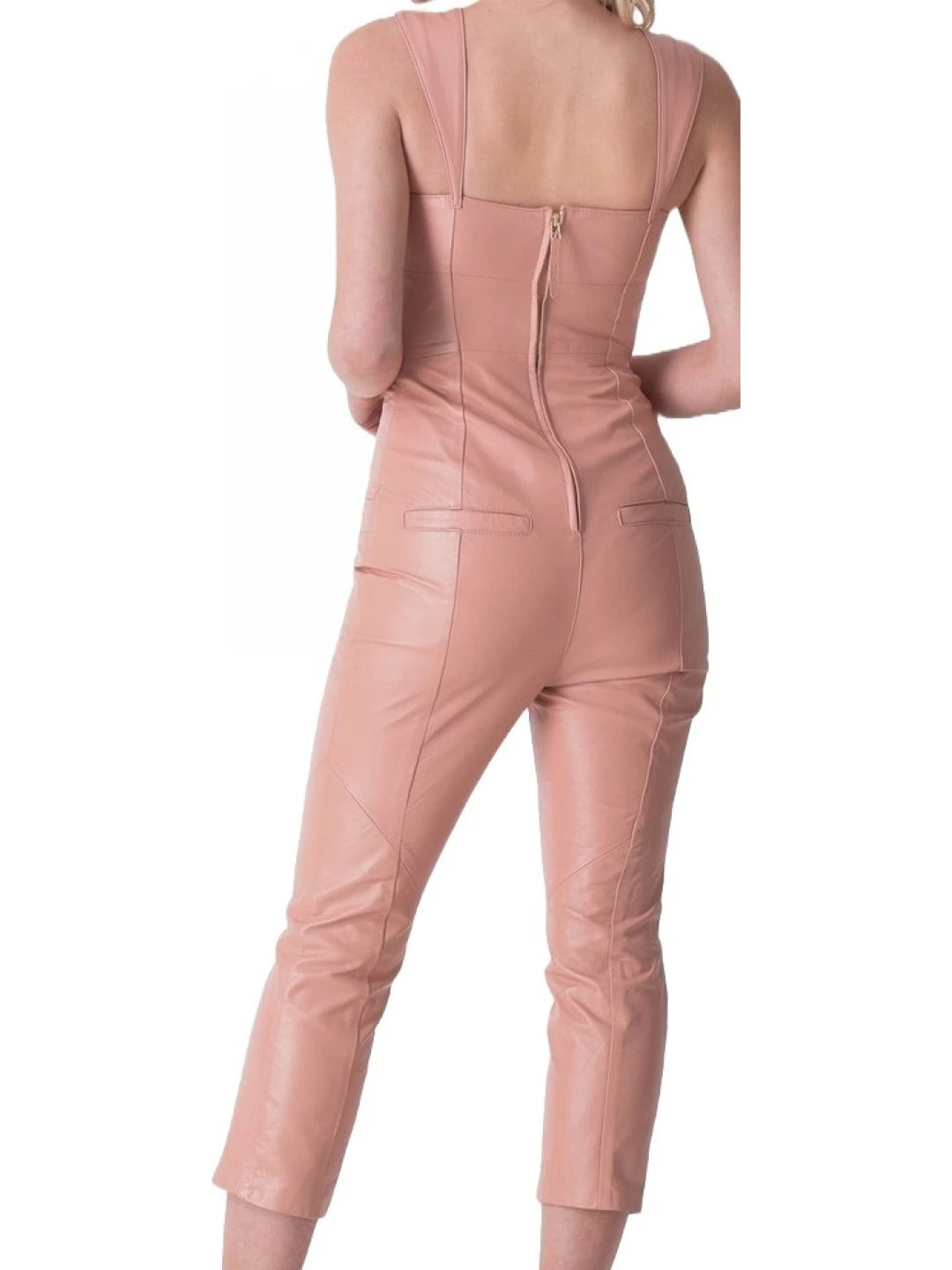 Women's Sleeveless Lambskin Peach Leather Jumpsuit