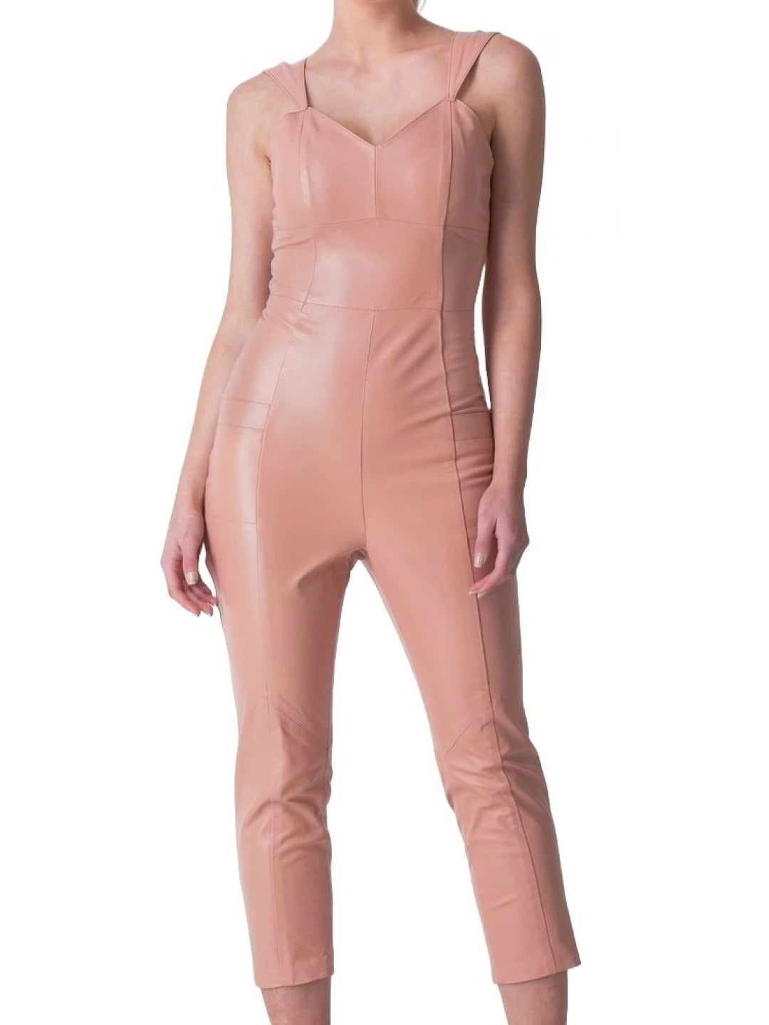 Women's Sleeveless Lambskin Peach Leather Jumpsuit