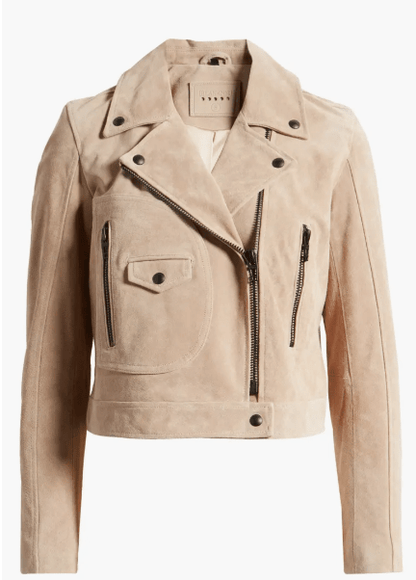 Women's Suede Biker Leather Jacket with Tan Beige