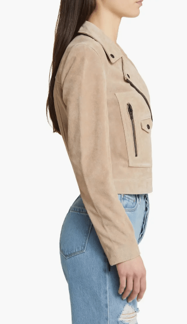 Women's Suede Biker Leather Jacket with Tan Beige