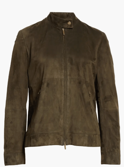 Women's Suede Leather Motorcycle Jacket with Khaki