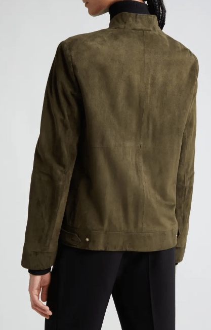 Women's Suede Leather Motorcycle Jacket with Khaki