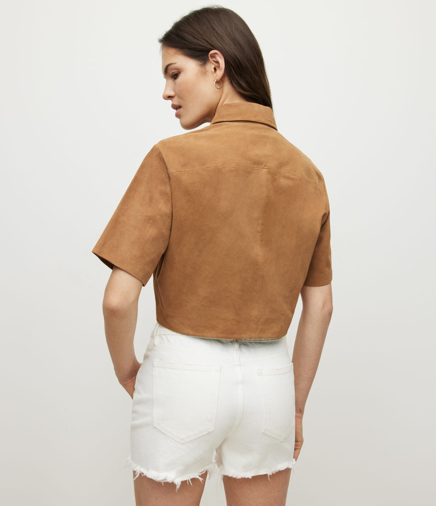 Trendy Women's Cropped Suede Leather Shirt - Brown