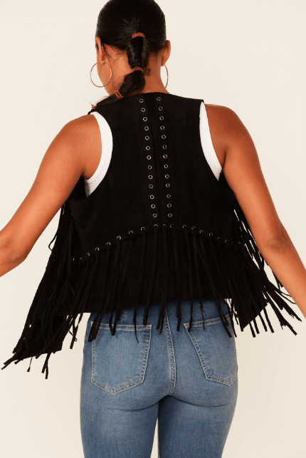 Women's Black Suede Fringe Leather Vest - TopGuruJackets