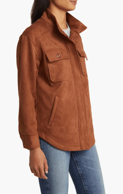 Trendy Women's Suede Trucker Leather Shirt - Brown