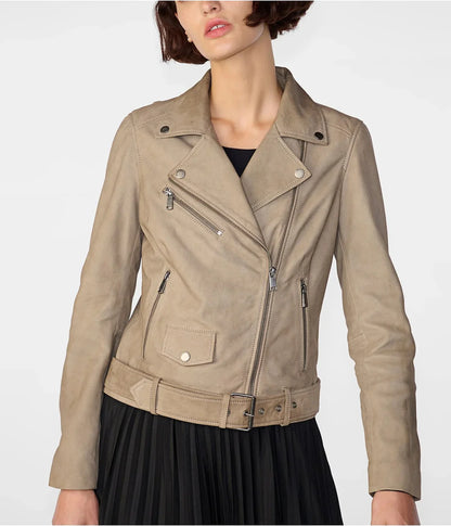 Women's Tan Beige Suede Biker Leather Jacket