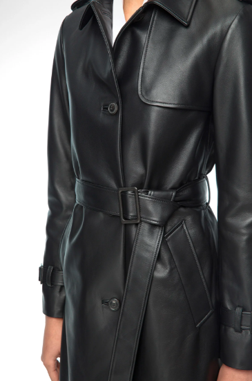 Sophisticated Women's Trench Leather Coat - Black, Belted Waist