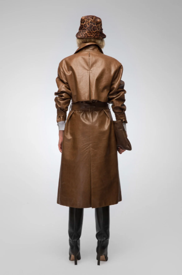 Women's Dark Brown Trench Leather Coat with Belted Waist